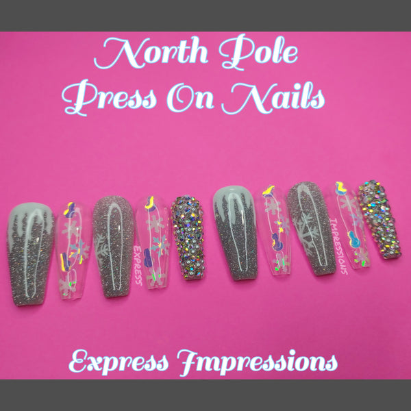 North Pole Press On Nails, Icey Press On Nails, Winter Nails, Bling Nails, Holiday Nails, Sparkle Nails, Glitter Nails, Xmas Nails, Hard Gel