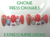 Gnome Press On Nails, Christmas Nails, Xmas Nails, Gonk Nails, Holiday Nails, Matte Nails, Bow Nails, Sequin Nails, Merry Nails, Hard Gel