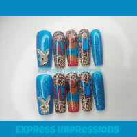 Leopard Print Press On Nails, Blue Glitter Nails, Playgirl Nails, Hard Gel Nails, Living Single Nails, Hot Girl Nails, Leopard Nails, Nails