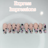 Bling Frenchies Press On Nails, Flower Press On Nails, French Tip Nails, Nude Nails, Bling Nails, Pink and Black Flower Nails, Bling French Tip Nails