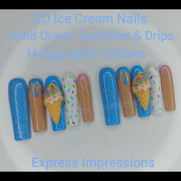 Ice Cream Press On Nails, Ice Cream Come Nails, Long Nails, Blue Press On Nails, Brown Press On Nails, Glitter Press On Nails, Hard Gel Nail