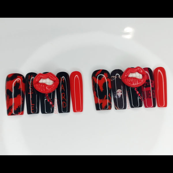 Black & Red Press On Nails, Queen Press On Nails, Xl Square Nails, Lip Nails, 3D Nails,Hustle Hard Nails, Marble Nails, Queen Nails, Nails