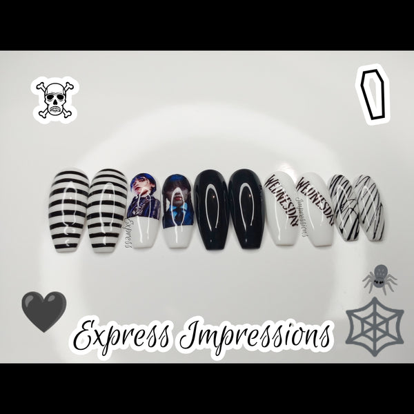 Wednesday Press On Nails, Addams Family Nails, Spooky Press On Nails, Halloween Press On Nails, Stripe Press On Nails, Hard Gel Press Ons