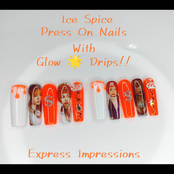Ice Spice Press On Nails, Orange Press On Nails, 3D Press On Nails, Hard Gel Nails, XL Square Nails, Glow Press On Nails, Bling Press Ons