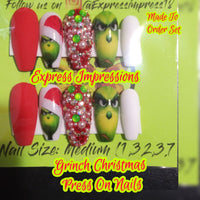 Grinch Christmas Press On Nails, Christmas nails, Holiday nails, green nails, bling nails, glitter nails, Holo glitter nails, white nails