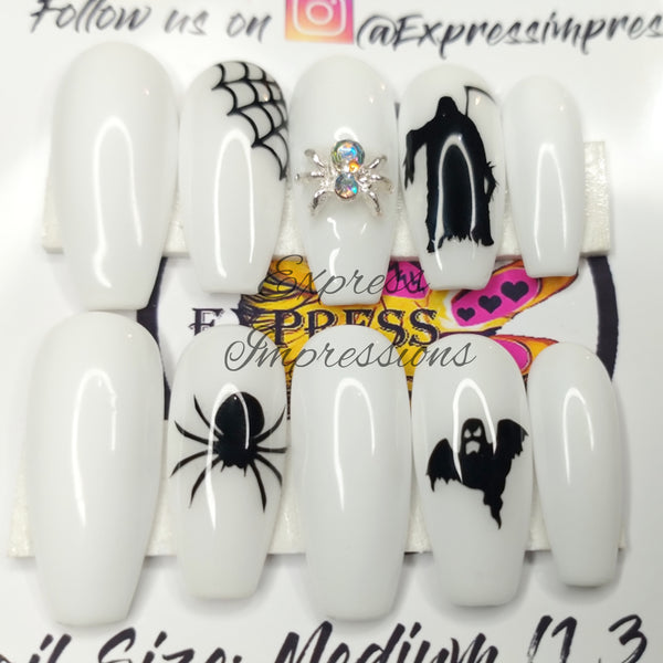 Halloween nails, white nails, spooky nails, sticker nail, ready to ship nails,