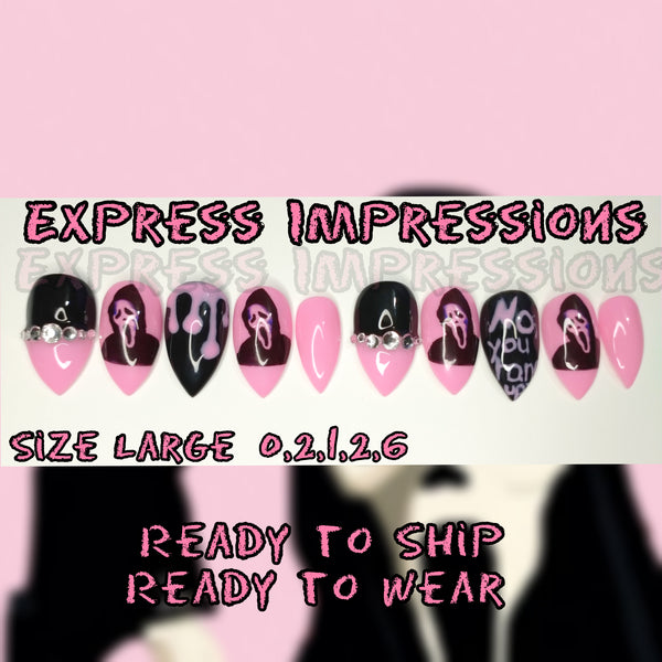 Scream press on nails, stiletto nails, pink nails, short nails, halloween nails, drip nails, ready to ship