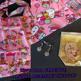 3pc Set, Beauty Bundle, Kitty tote bag, kitty earrings, kitty phone accessory, shoulder tote bag, shopping bag, Reusable bag