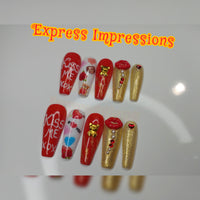 XOXO Press On Nails, ballerina nails, red nails, gold nails, bling nails, teddy bear nails, long nails, Valentine's day nails, 10k gold