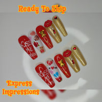 XOXO Press On Nails, ballerina nails, red nails, gold nails, bling nails, teddy bear nails, long nails, Valentine's day nails, 10k gold