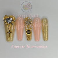 Gold Hearted Press On Nails, Bling Nails, Heart Nails, Gold Nails, 3D Nails, Ballerina Nails, Long Nails, Pearl Nails