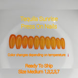 Tequila Sunrise Press On Nails, Color Changing Nails, Temperature Nails, Mood Nails, Coffin Nails, Yellow Nails, Orange Nails, Long Nails