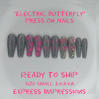 Electric Butterfly Press On Nails, Silver Nails, Glitter Nails, Butterfly Nails, 3D Nails, Ballerina Nails, Bling Nails, Long Nails, Pink Nail Nail Art