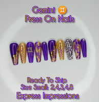 Gemini Press On Nails, Purple Nails, Zodiac Nails, Long Nails, Ballerina Nails, Hand Painted Nails, Gold Nails