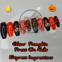 Glow Pumpkin Press On Nails, Halloween Nails, Orange Nails, Jack-o'-lantern Nails, Bling Nails, Black Nails, Glow Nails, Glow In The Dark