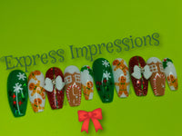 The Gingerbread Man Press On Nails, Christmas Nails, Xmas Nails, Snowflake Nails, Present Nails, Bow Nails, Snow Nails, Glitter Nails, Hand Painted Nails