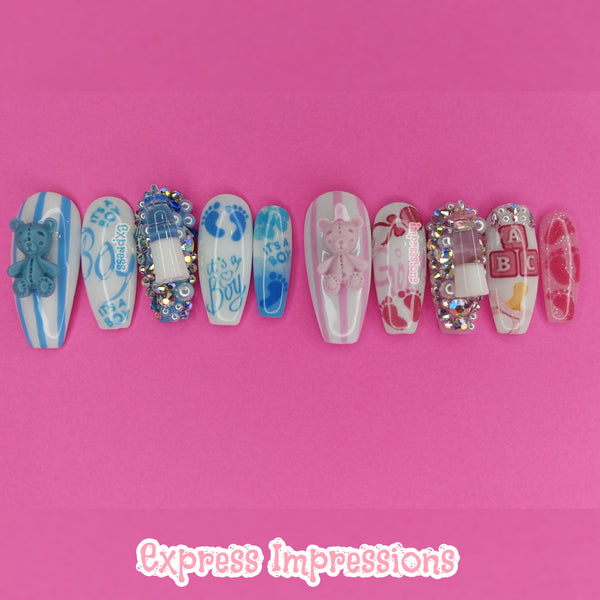 Baby Shower Press On Nails, Gender Reveal Press On Nails, It's A Girl Nails, It's A Boy Nails, Pink Nails, Blue Nails, Baby Bottle Nails