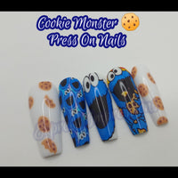 Cookie Monster Press On Nails, Blue Press On Nails, Cookie Press On Nails, Cartoon Press On Nails, Hard Gel Nails, White Press On Nails