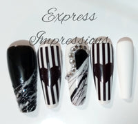 Black Widow Press On Nails/ Ballerina Nails/ Long Nails/ Black Nails/ White Nails/ Stripe Nails/ Heart Nails/ Spider Gel/ Bling Nails