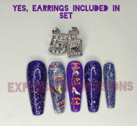 Plum Crazy Press On Nail Set/ Purple Nails/ Ballerina Nails/ High Fashion Nails/ Earrings/ Silver Earrings