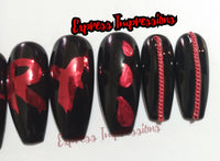 Scary Press On Nails, word nail art nails, red bling nails, bloody nails, chain nails, black nails, red lettered nails, Halloween nails