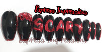 Scary Press On Nails, word nail art nails, red bling nails, bloody nails, chain nails, black nails, red lettered nails, Halloween nails