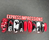 Ghost and ghoul press on nails, spooky nails, Halloween nails, grim reaper nails, spider nails, bling nails