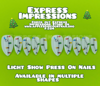 Light Show Press On Nails, Christmas Nails, Xmas Nails, Christmas Light Nails, Hanging Light Nails, Sting Light Nails, White Nails, Colorful