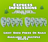 Light Show Press On Nails, Christmas Nails, Xmas Nails, Christmas Light Nails, Hanging Light Nails, Sting Light Nails, White Nails, Colorful